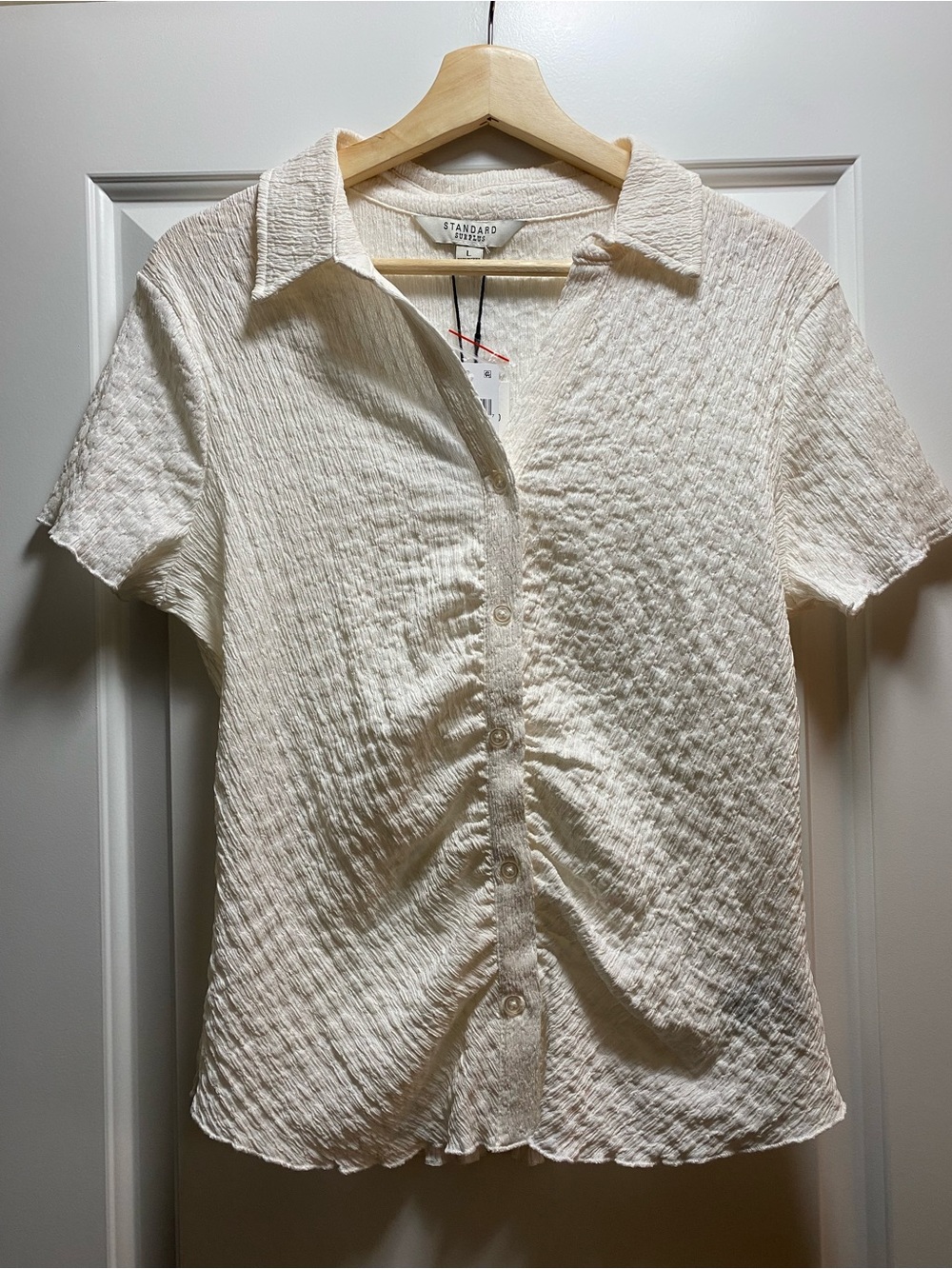 NWT Sanctuary Ruched Button Down Short Sleeve Cream Collared Blouse L / Fits M